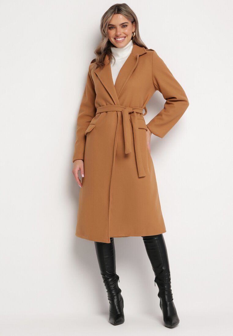 new collection Palton Bej închis Lung Cambrat cu Cordon Seraphette