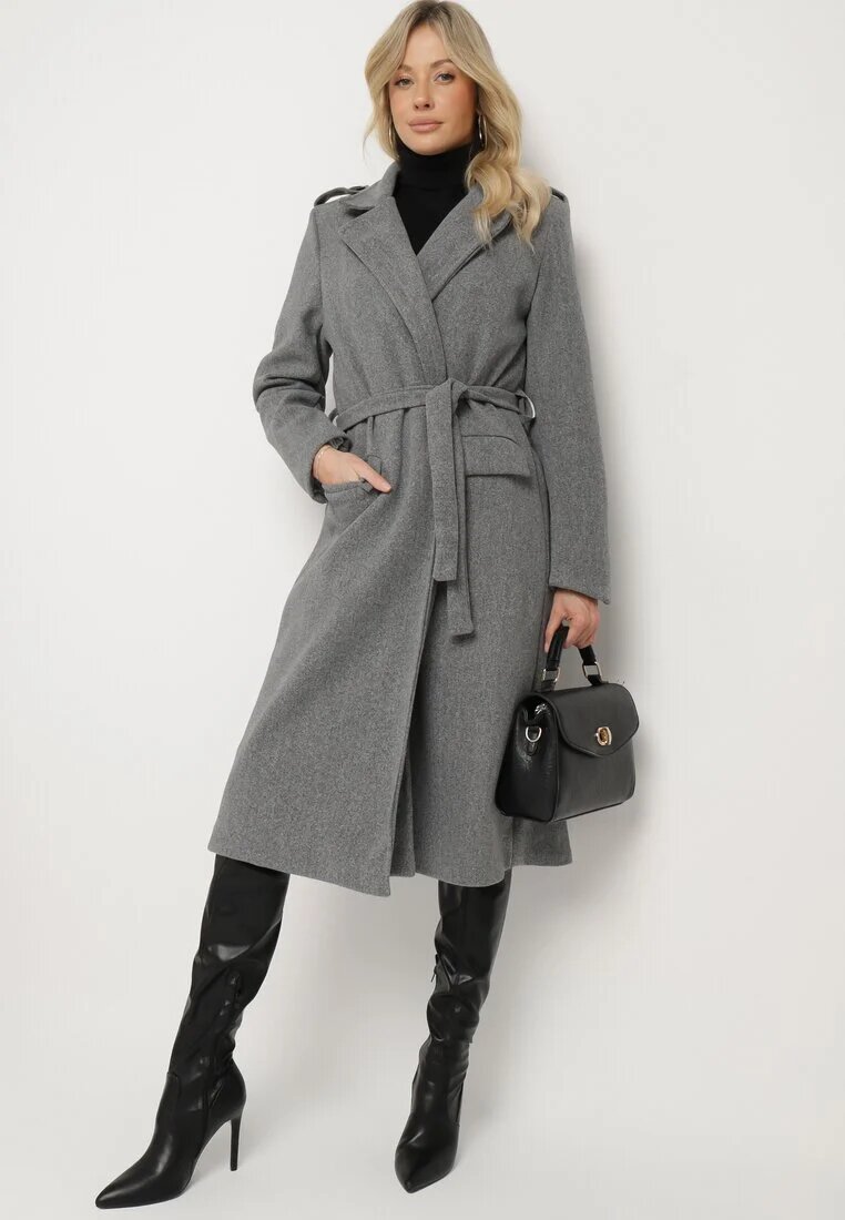 new collection Palton Gri închis Lung Cambrat cu cordon legat Seraphette