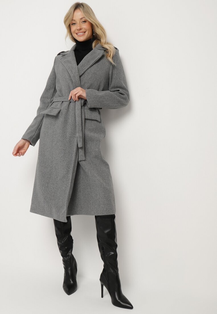 new collection Palton Gri închis Lung Cambrat cu cordon legat Seraphette