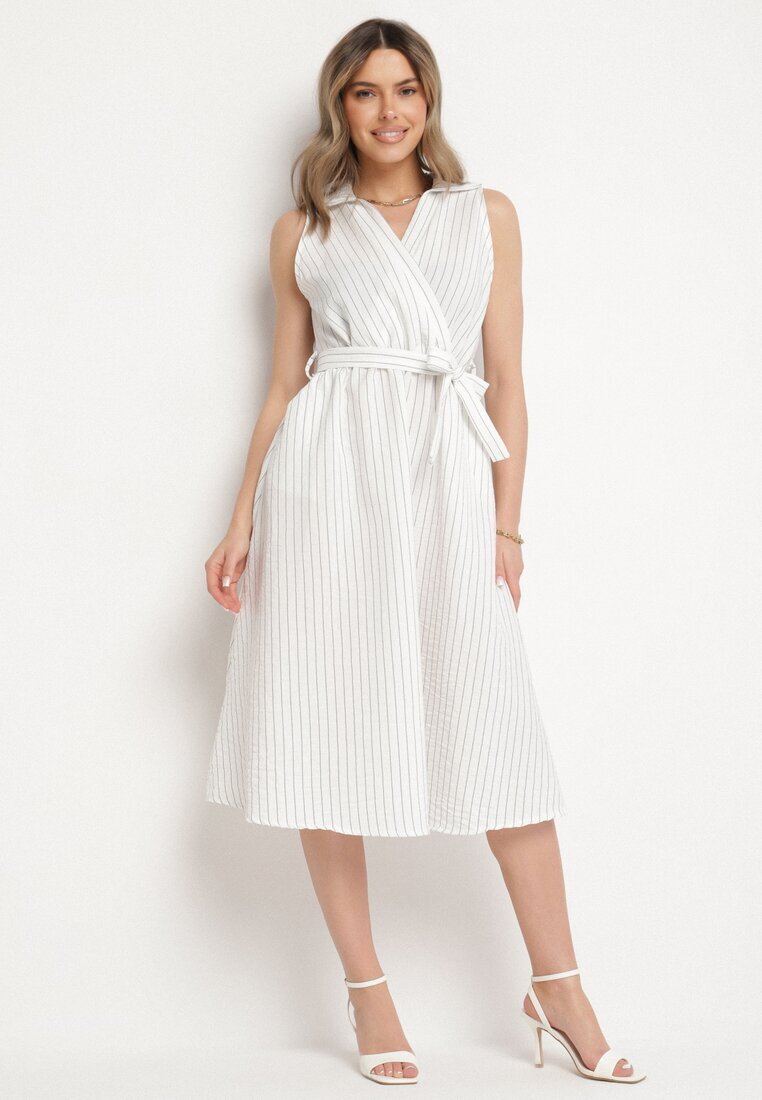 new collection Rochie Albă cu croi de cămașă Fără mâneci cu cordon legat Liriora