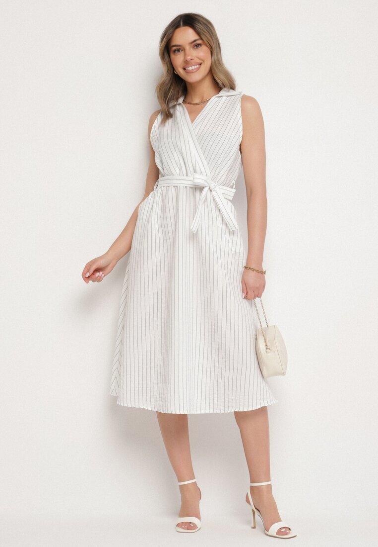 new collection Rochie Albă cu croi de cămașă Fără mâneci cu cordon legat Liriora