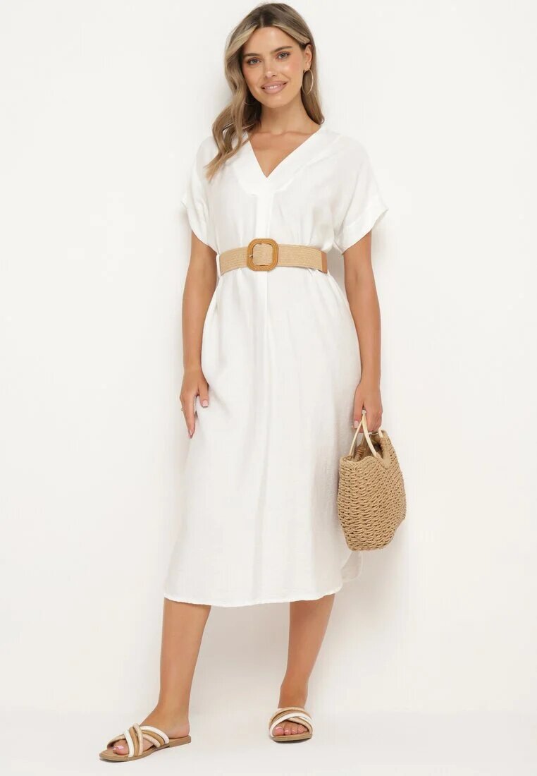 new collection Rochie Albă din Viscoză cu Curea Ornată cu Împletitură și Cataramă Mlevena