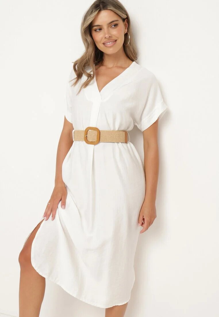 new collection Rochie Albă din Viscoză cu Curea Ornată cu Împletitură și Cataramă Mlevena