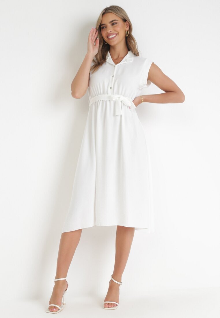 new collection Rochie Albă Midi Închisă cu nasturi cu cordon Alyssama