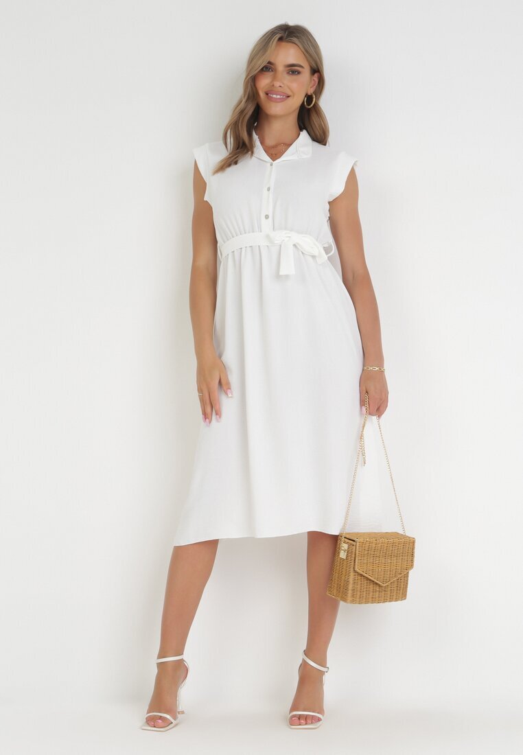 new collection Rochie Albă Midi Închisă cu nasturi cu cordon Alyssama