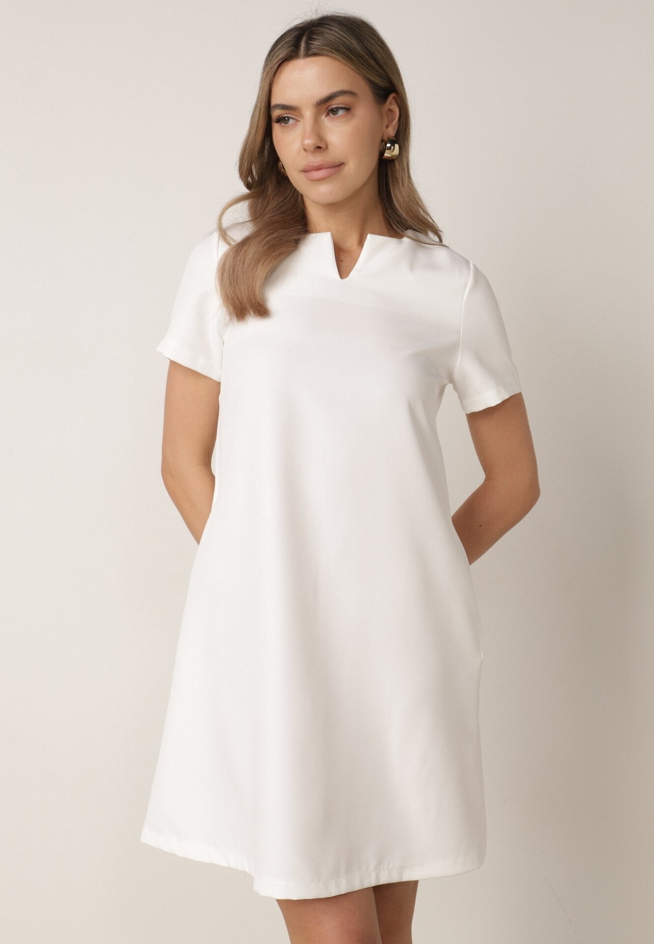 new collection Rochie Albă Trapezoidală Mini cu Buzunare Hreona