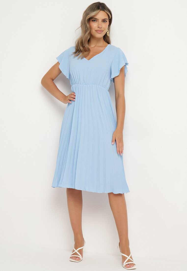 new collection Rochie Albastră Deschisă Plisată cu croi evazat și decolteu în V Rissara