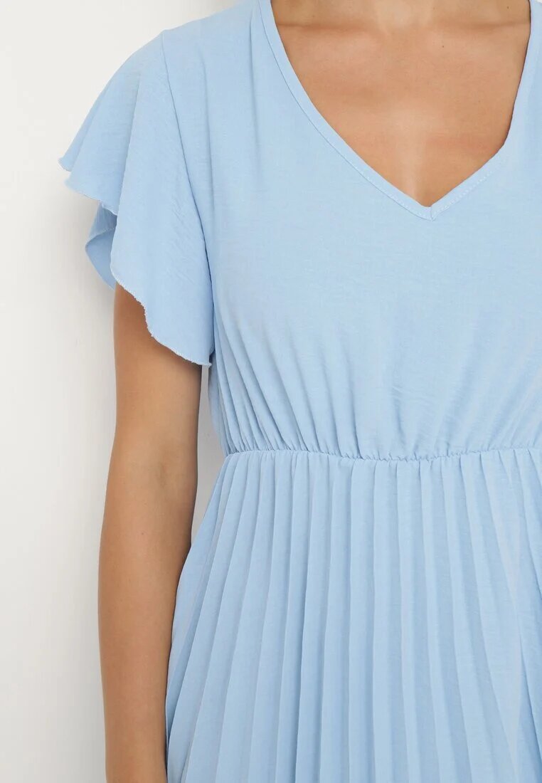 new collection Rochie Albastră Deschisă Plisată cu croi evazat și decolteu în V Rissara