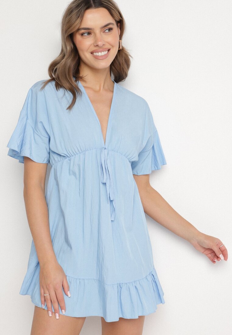 new collection Rochie albastră deschisă stil liliac din viscoză cu croi evazat cu volan din tul