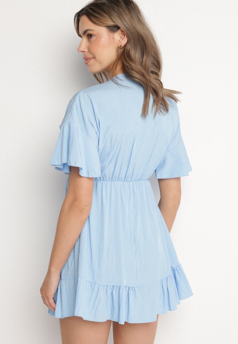 new collection Rochie albastră deschisă stil liliac din viscoză cu croi evazat cu volan din tul