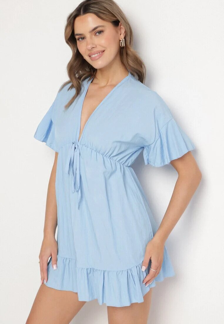 new collection Rochie albastră deschisă stil liliac din viscoză cu croi evazat cu volan din tul