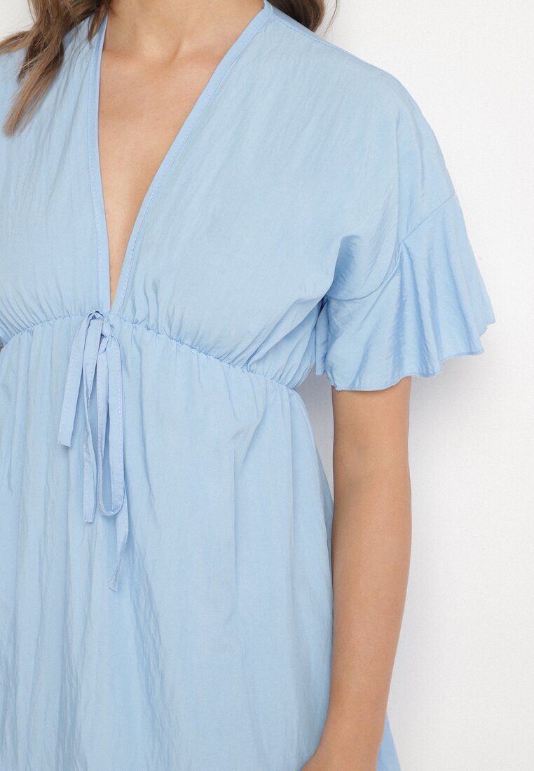 new collection Rochie albastră deschisă stil liliac din viscoză cu croi evazat cu volan din tul