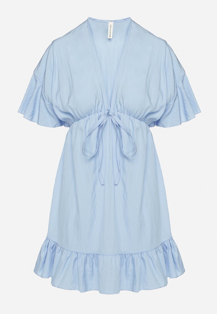 new collection Rochie albastră deschisă stil liliac din viscoză cu croi evazat cu volan din tul