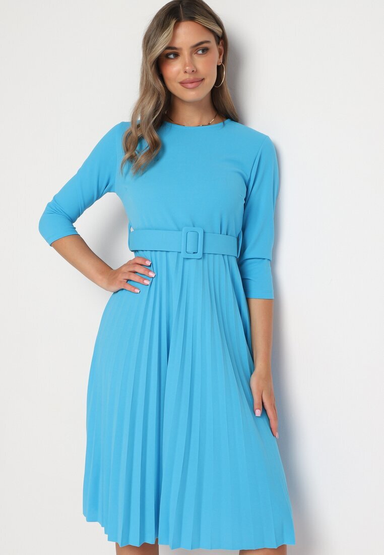 new collection Rochie Albastră Plisată cu Centură Gonge