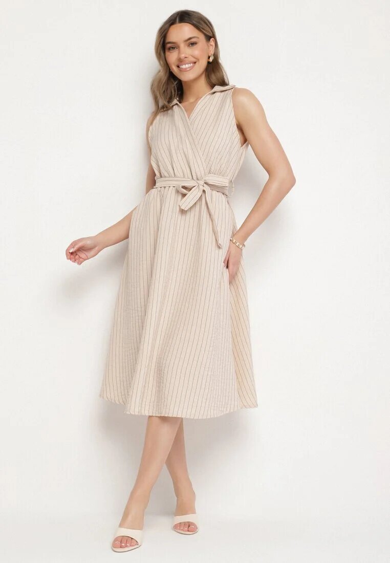 new collection Rochie bej cu un croi cămașă fără mâneci cu cordon Liriora