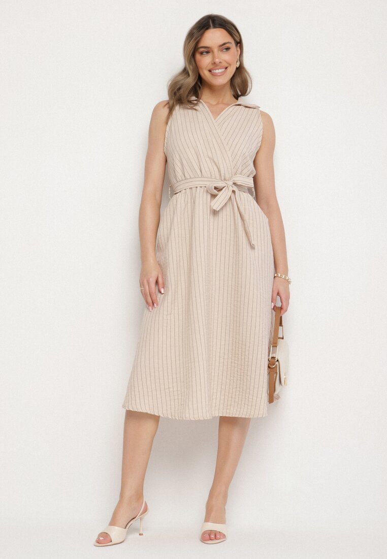 new collection Rochie bej cu un croi cămașă fără mâneci cu cordon Liriora