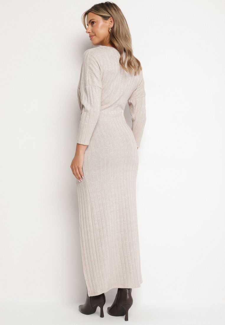 new collection Rochie Bej cu Viscoză Decorată cu Legătură și Fir Metalic Ellinira