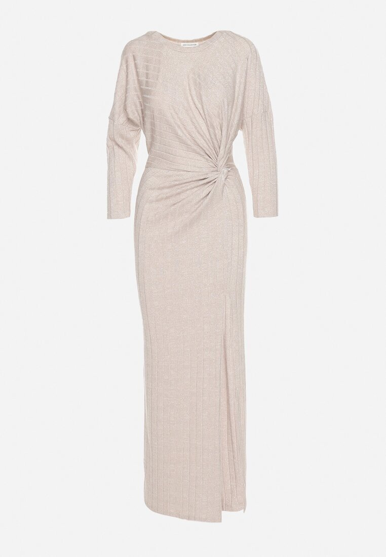 new collection Rochie Bej cu Viscoză Decorată cu Legătură și Fir Metalic Ellinira