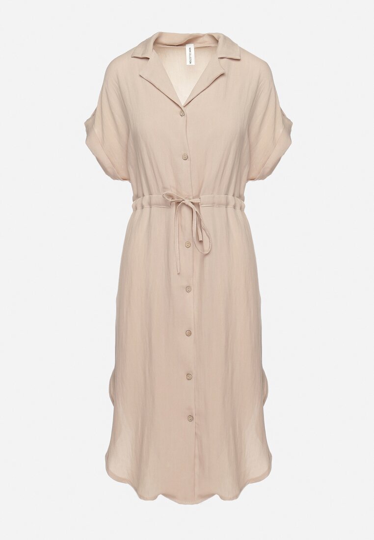 new collection Rochie Bej Tip cămașă Midi din Viscoză cu nasturi cu șnur și decupaje Alicana