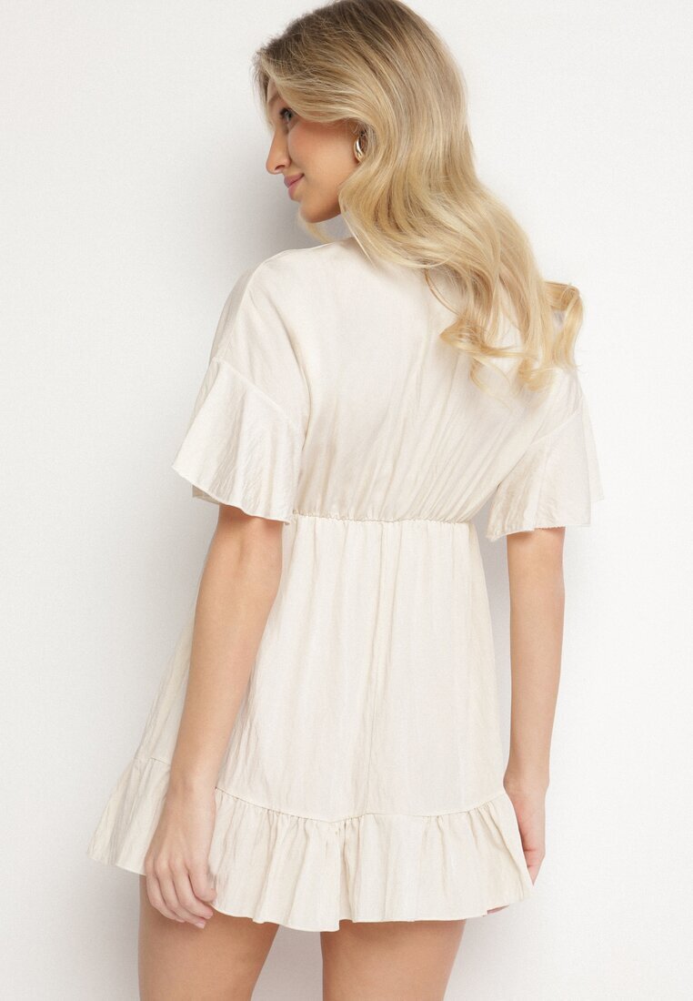new collection Rochie bej tip liliac cu viscoză cu croi evazat și volan de tul