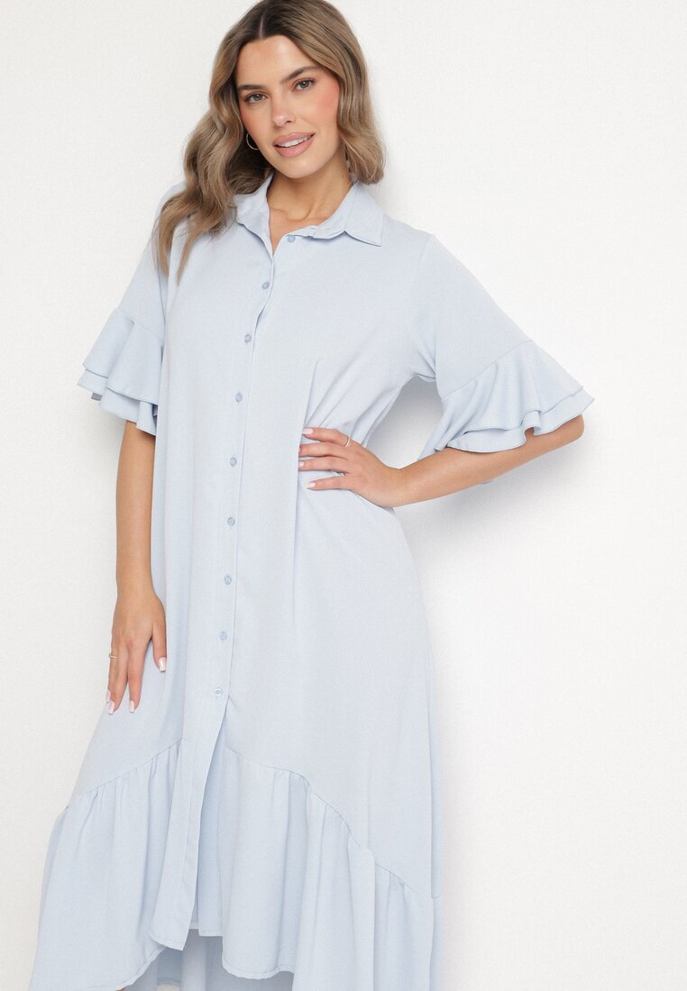 new collection Rochie cămașă Albastru deschis cu Volan Decorativ Daviravie