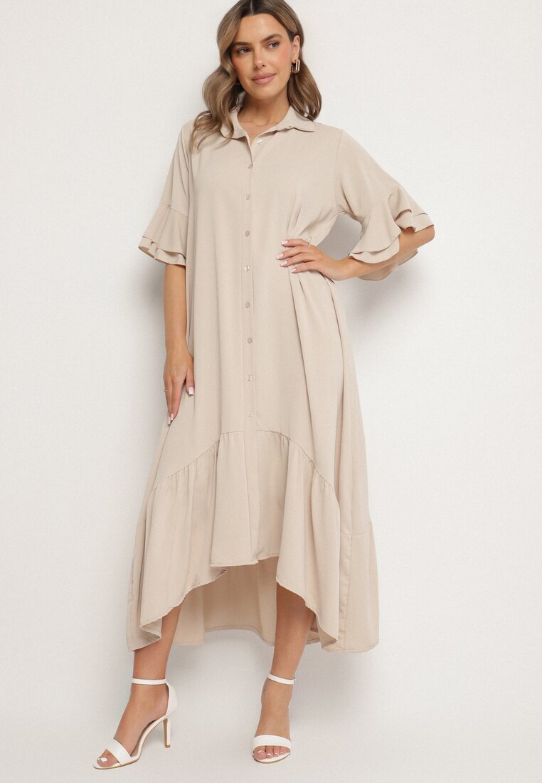 new collection Rochie cămașă bej cu volan decorativ Daviravie
