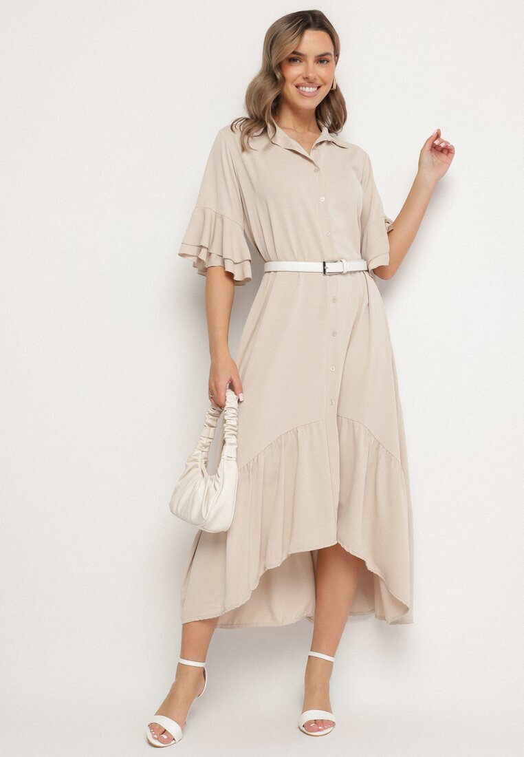 new collection Rochie cămașă bej cu volan decorativ Daviravie
