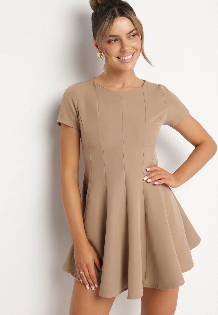 new collection Rochie Cloche Bej Închisă cu Mânecă Scurtă și Cusături Decorative Meporea