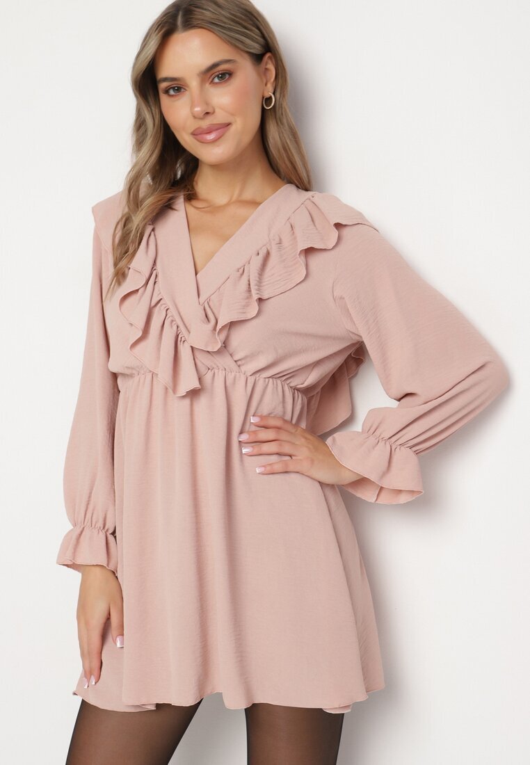 new collection Rochie Cloche Roz cu croială petrecută și volane Celonara