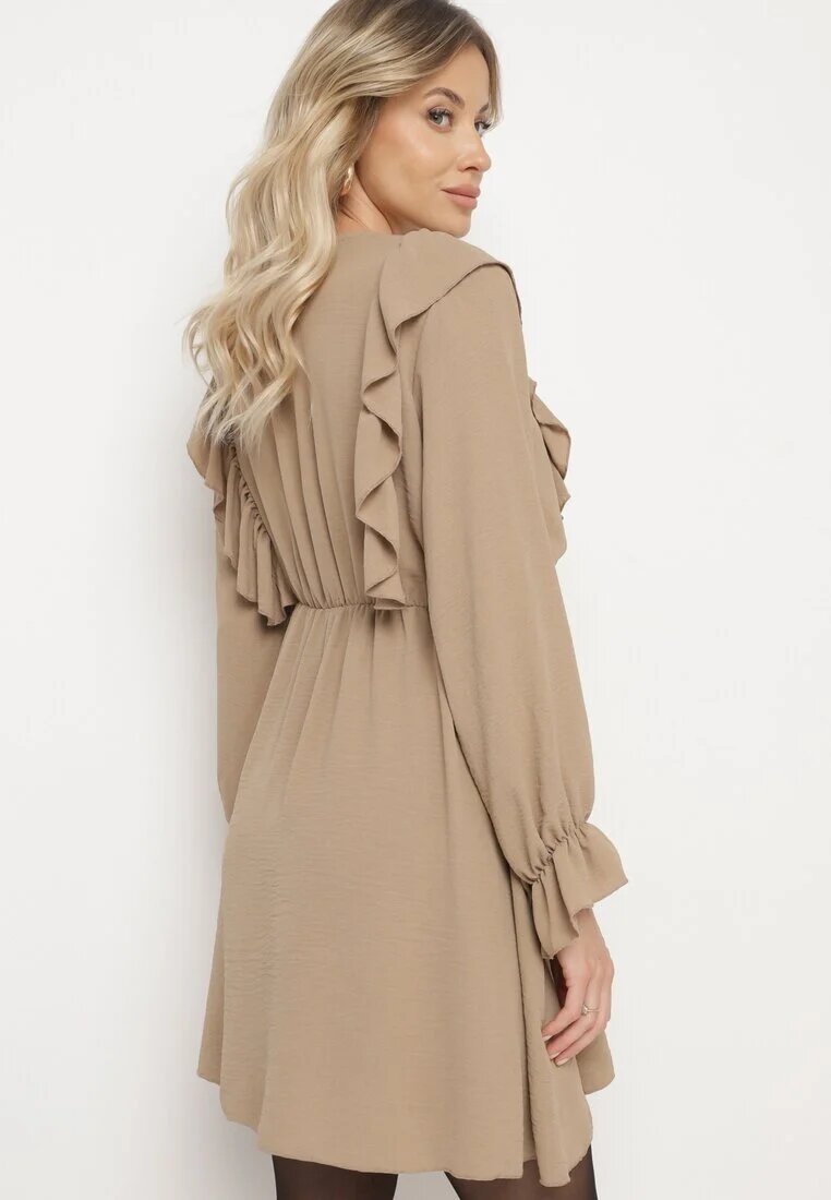 new collection Rochie Evazată Bej închis cu croială petrecută și volane Celonara