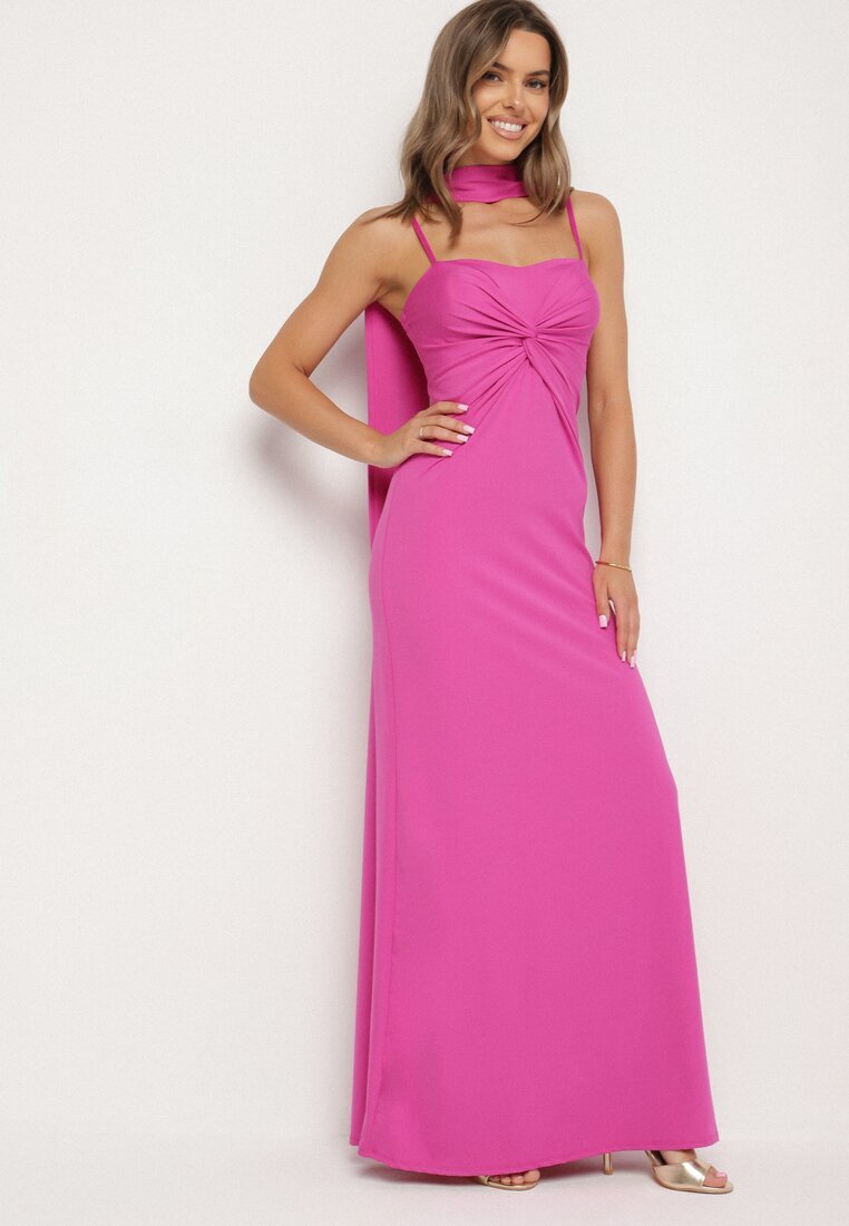 new collection Rochie Fuchsia Cambrată Decorată Cu Șal și Cu Pliuri Melovea