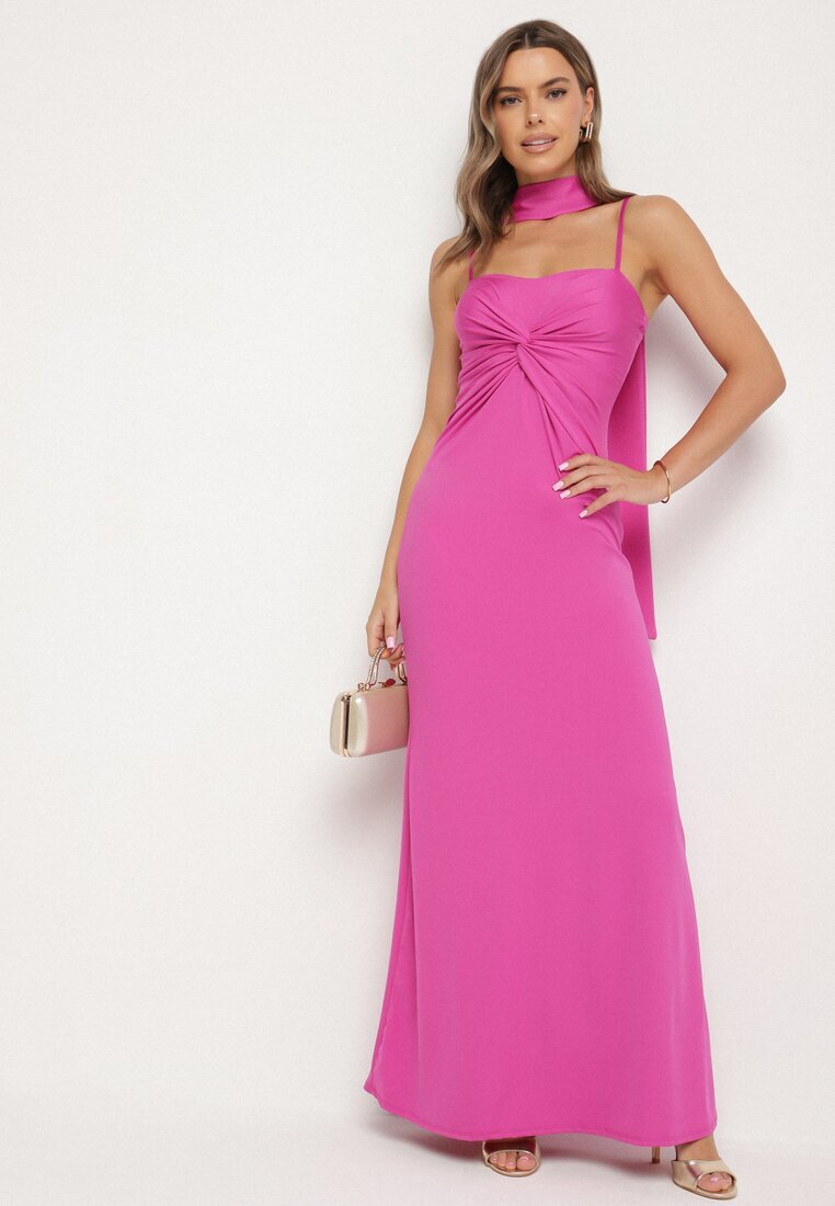 new collection Rochie Fuchsia Cambrată Decorată Cu Șal și Cu Pliuri Melovea