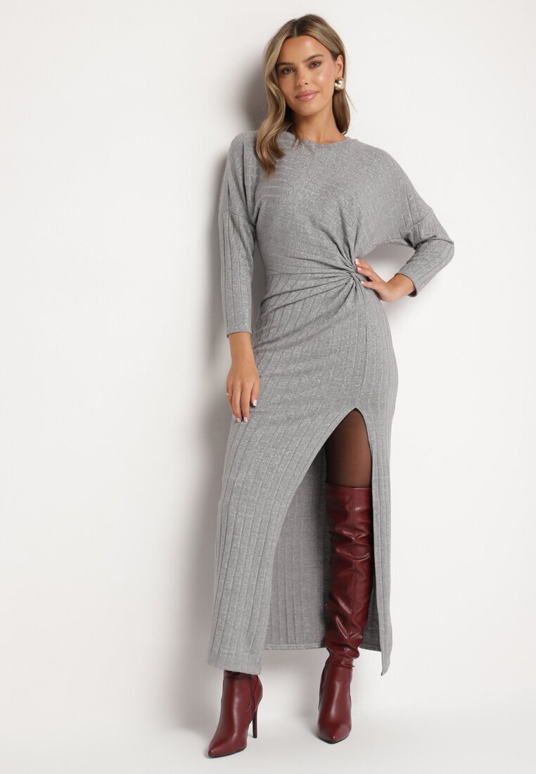 new collection Rochie Gri cu Viscoză Decorată cu Legătură și Fir Metalic Ellinira