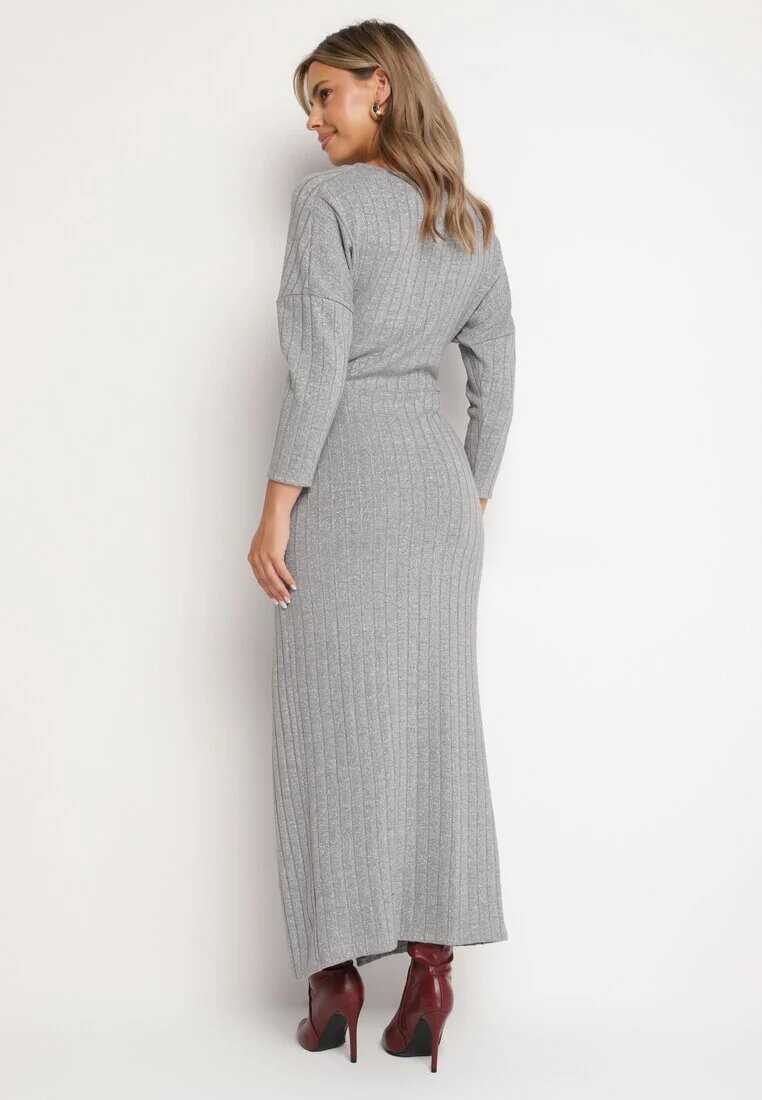 new collection Rochie Gri cu Viscoză Decorată cu Legătură și Fir Metalic Ellinira