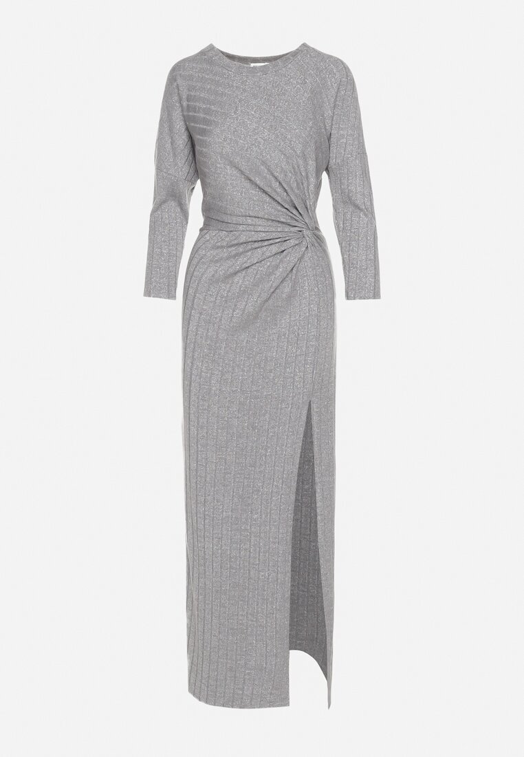 new collection Rochie Gri cu Viscoză Decorată cu Legătură și Fir Metalic Ellinira