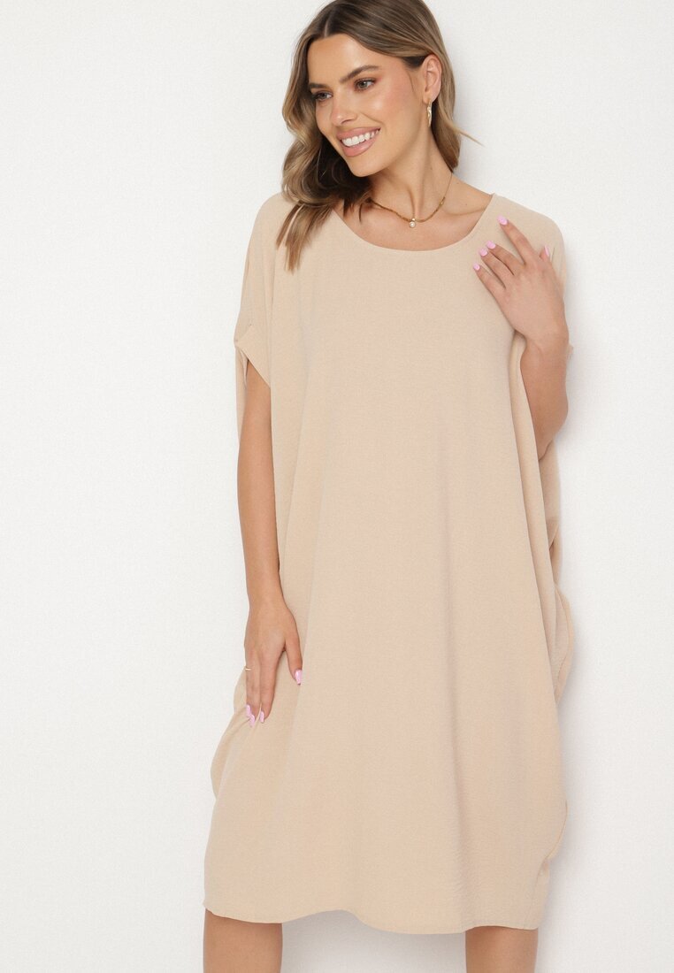 new collection Rochie Mini Bej cu Mânecă Scurtă cu Fason Liliac Kharson
