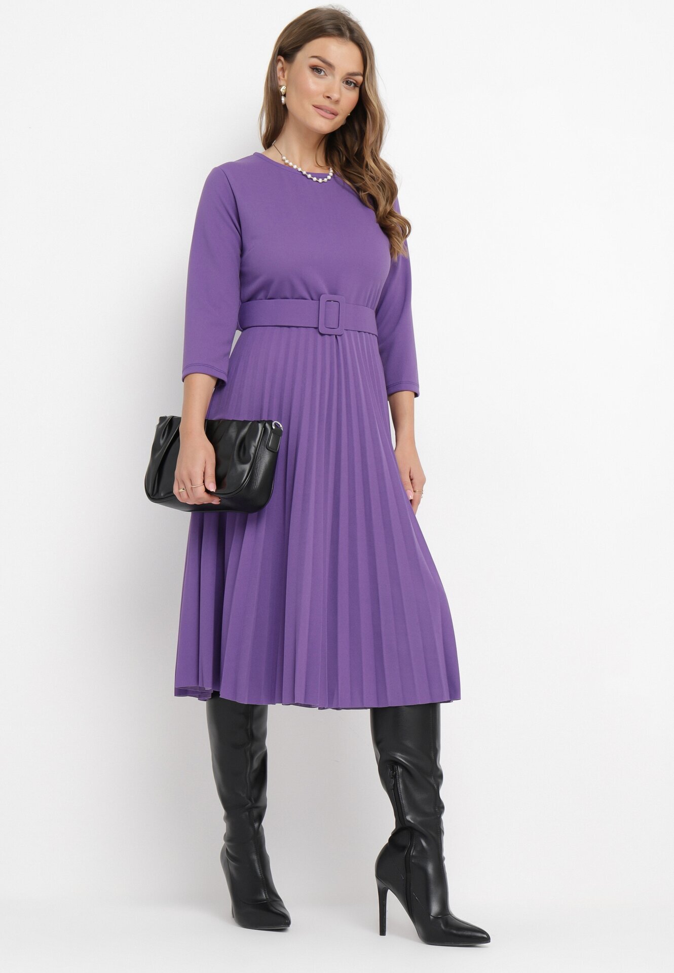 new collection Rochie mov închis plisată cu centură Gonge