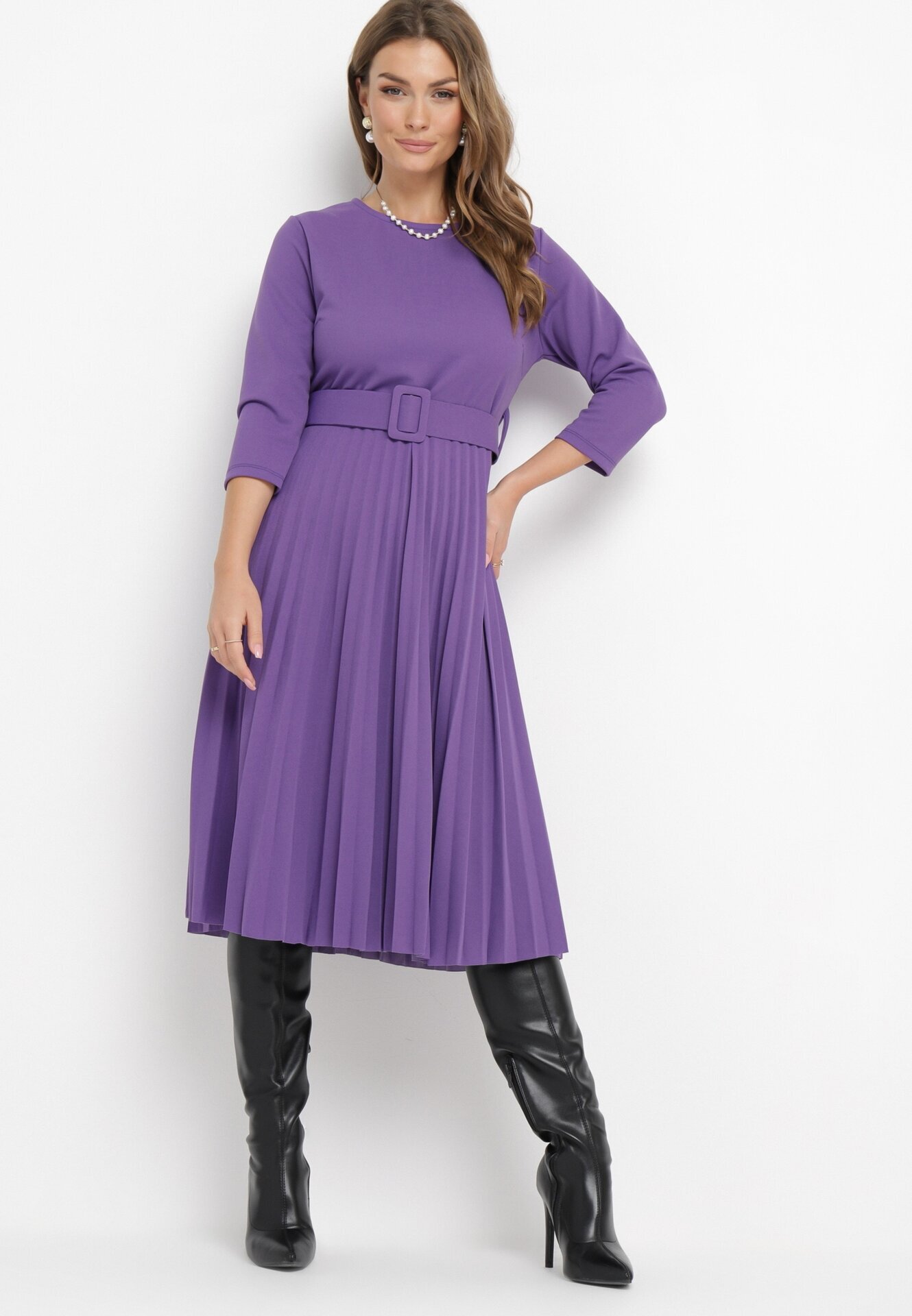new collection Rochie mov închis plisată cu centură Gonge