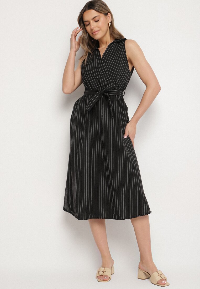 new collection Rochie neagră cu croi de cămașă fără mâneci cu cordon legat Liriora