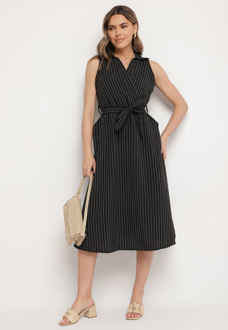 new collection Rochie neagră cu croi de cămașă fără mâneci cu cordon legat Liriora