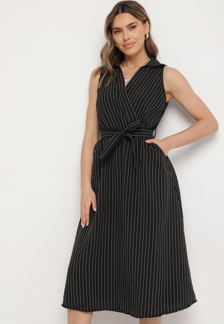 new collection Rochie neagră cu croi de cămașă fără mâneci cu cordon legat Liriora