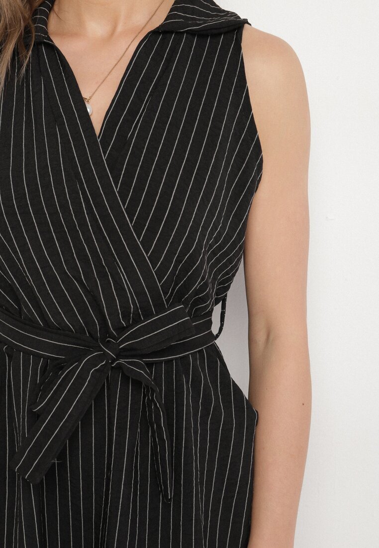 new collection Rochie neagră cu croi de cămașă fără mâneci cu cordon legat Liriora