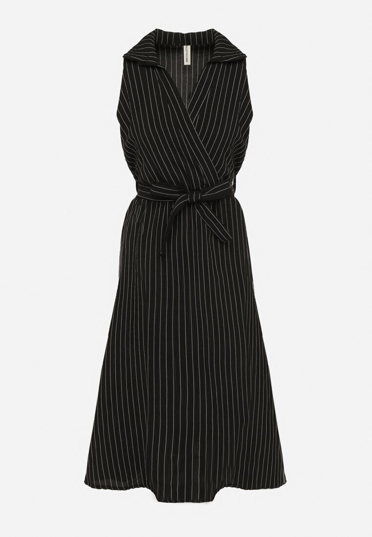 new collection Rochie neagră cu croi de cămașă fără mâneci cu cordon legat Liriora