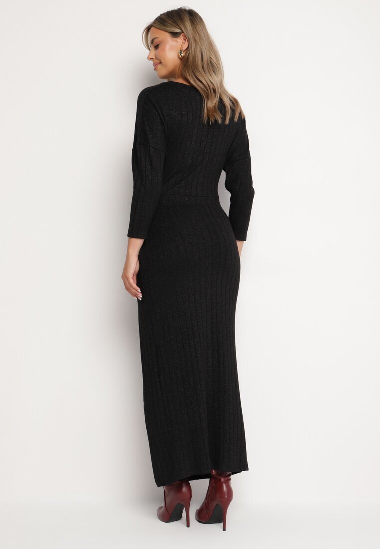 new collection Rochie Neagră cu Viscoză Decorată cu Legătură și Fir Metalic Ellinira