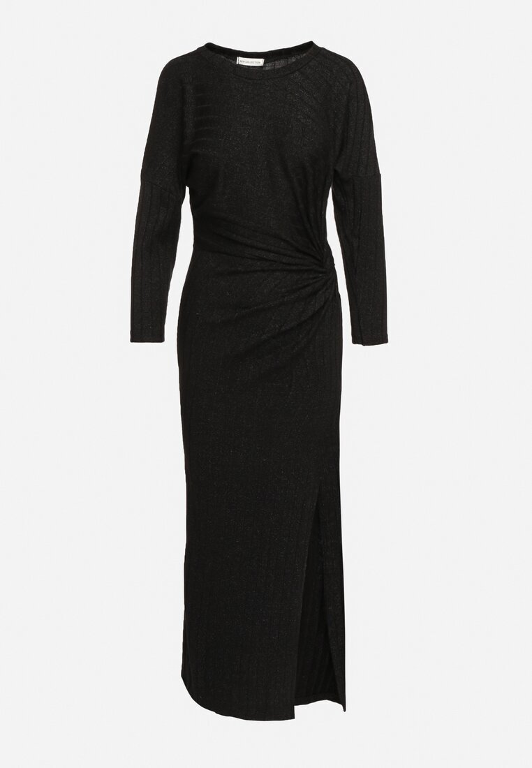 new collection Rochie Neagră cu Viscoză Decorată cu Legătură și Fir Metalic Ellinira