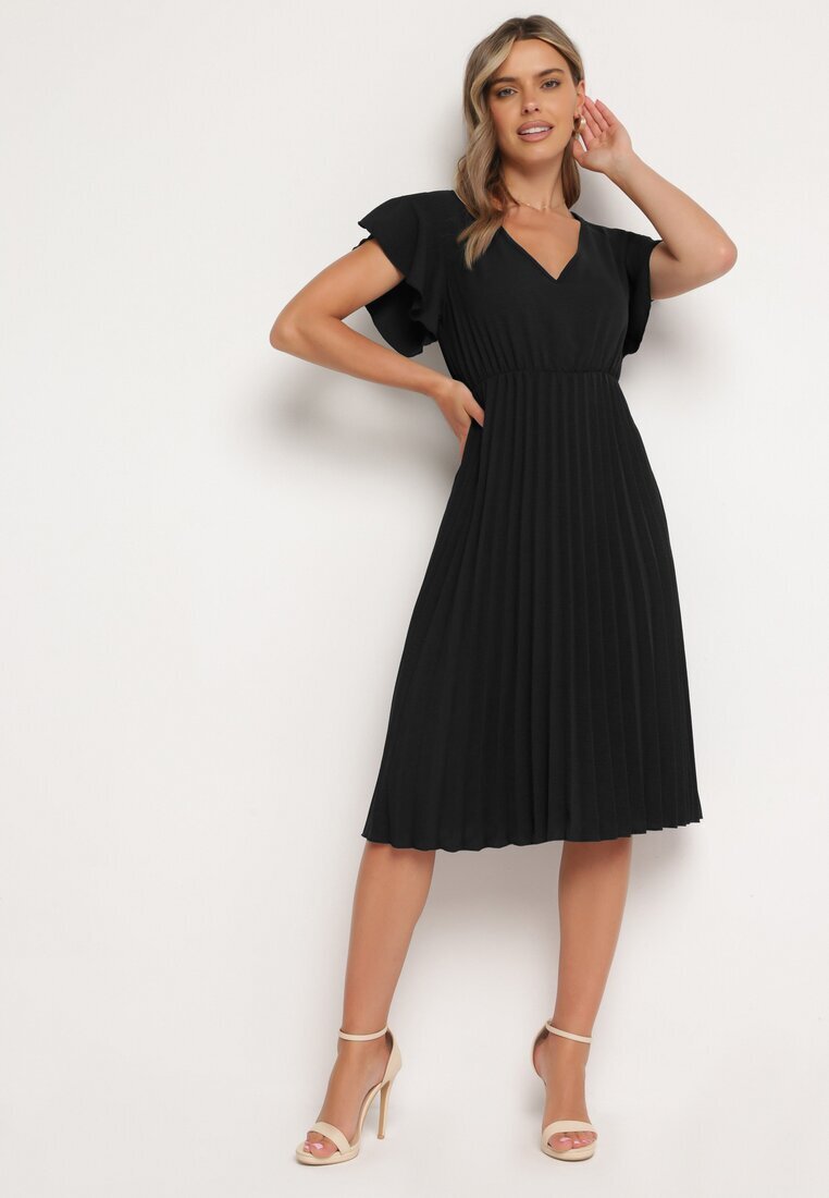 new collection Rochie Neagră Plisată cu Croi Cloș și Decolteu în V Rissara