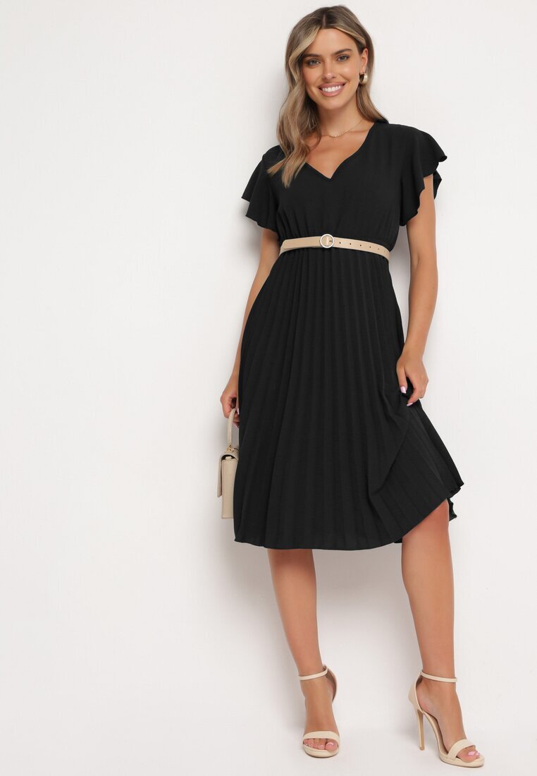 new collection Rochie Neagră Plisată cu Croi Cloș și Decolteu în V Rissara