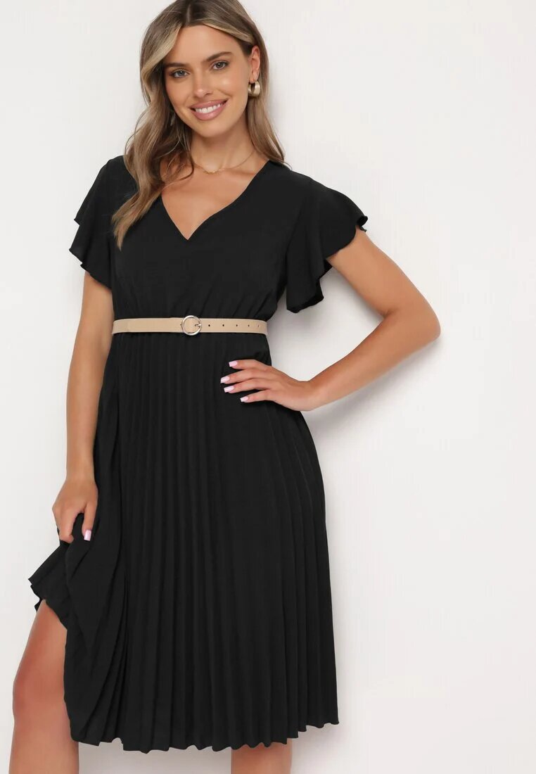 new collection Rochie Neagră Plisată cu Croi Cloș și Decolteu în V Rissara
