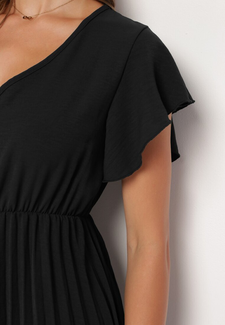new collection Rochie Neagră Plisată cu Croi Cloș și Decolteu în V Rissara