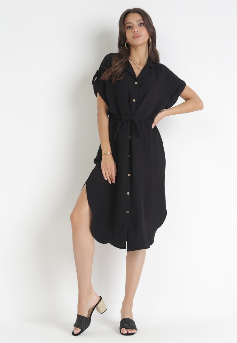 new collection Rochie neagră tip cămașă midi din viscoză cu nasturi cu șnur și decupaje Alicana